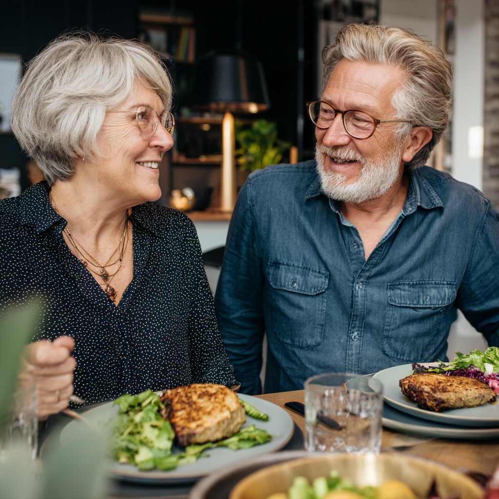 Mature couple enjoying healthy prepared meal together at dining table